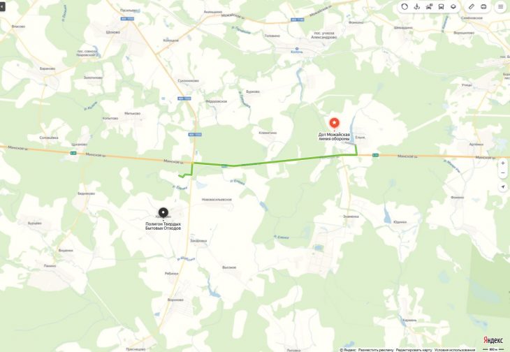 Расстояние между ТКО Храброво и Можайской линией обороны. Яндекс.карты
