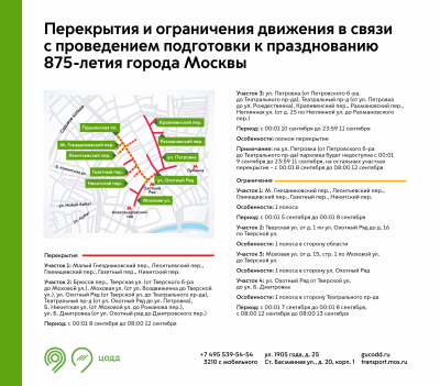Ко Дню города с 5 по 11 сентября в Москве ограничат движение по ряду центральных улиц